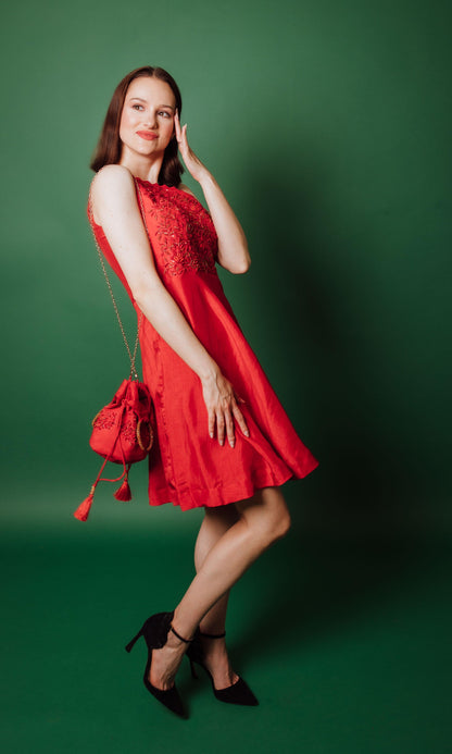 Aerin Raw Silk Red Short Dress