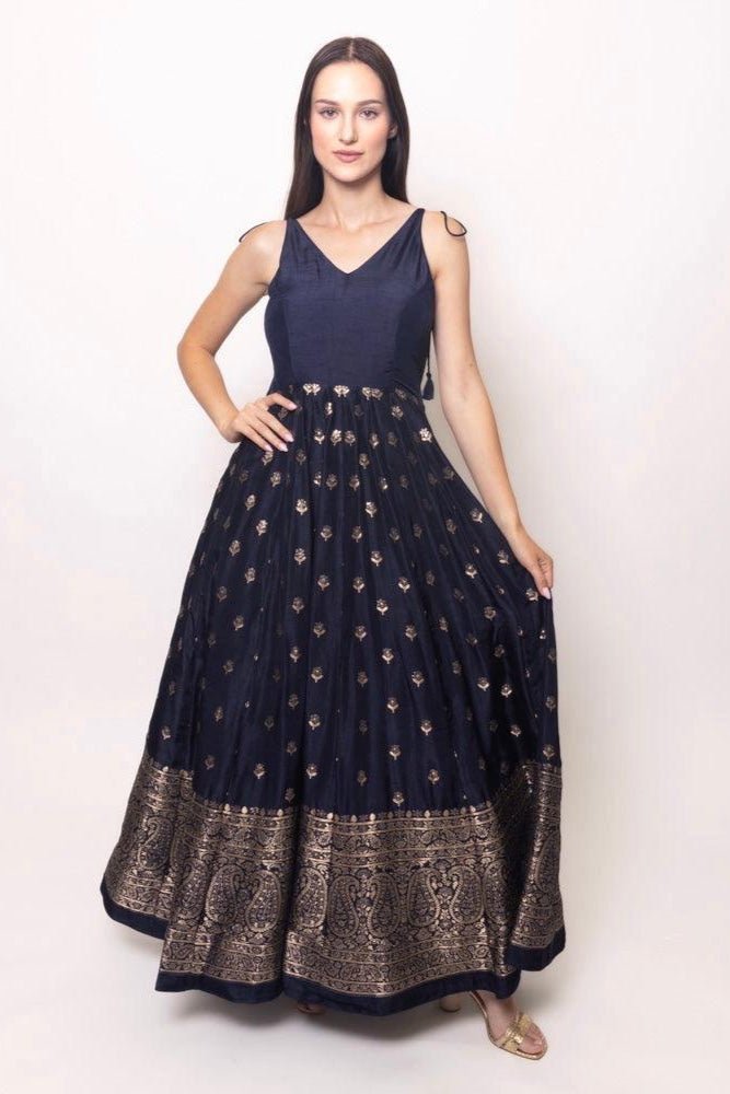 Alastair Blue and Gold Gown with Banarasi Border