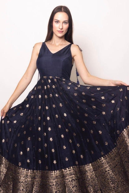 Alastair Blue and Gold Gown with Banarasi Border