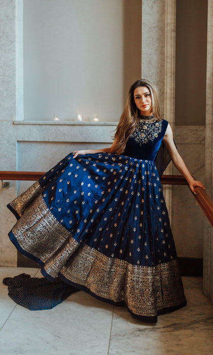 Alice Blue Gown with Velvet Hand Embroidered Torso and Banarasi Jacquard Bottom