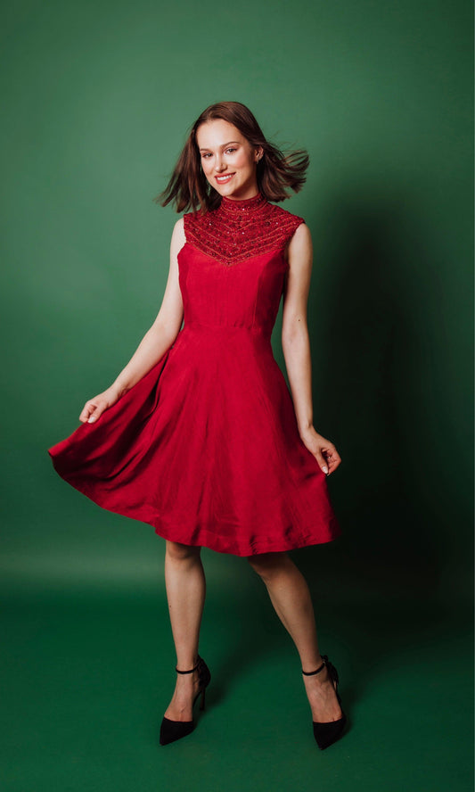 Arella Red Short Dress with Hand Embroidery
