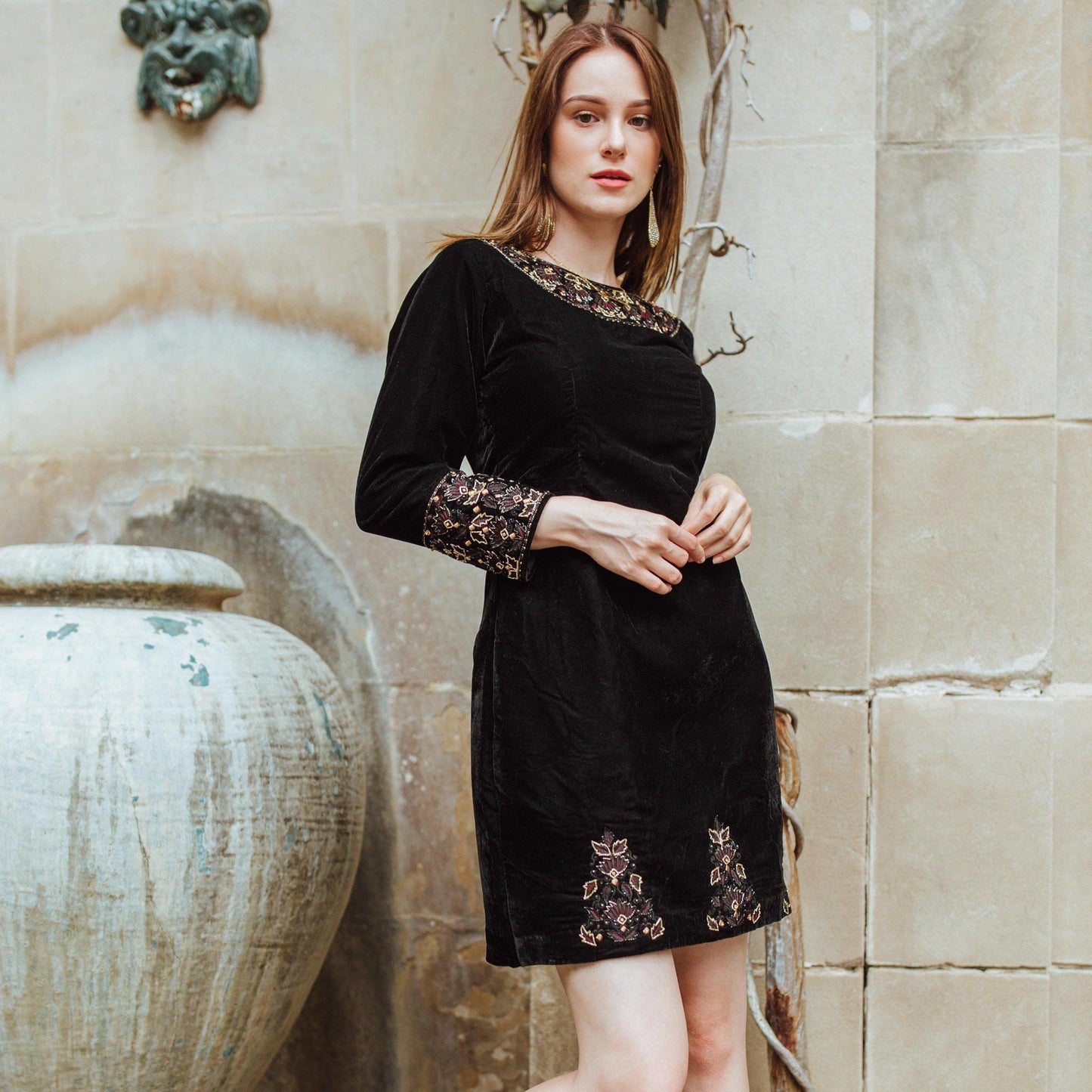 Arial Black Velvet Dress with Hand Embroidery
