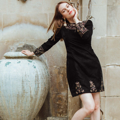 Arial Black Velvet Dress with Hand Embroidery