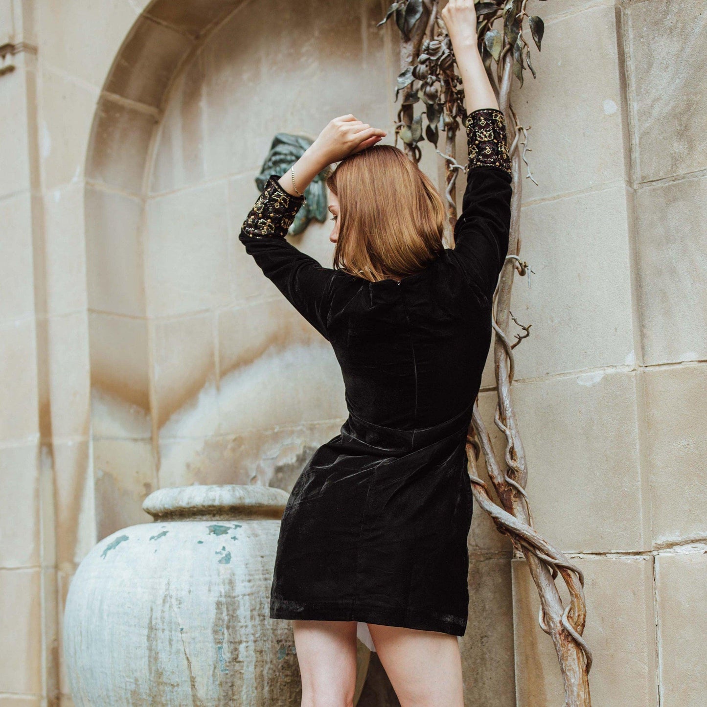 Arial Black Velvet Dress with Hand Embroidery