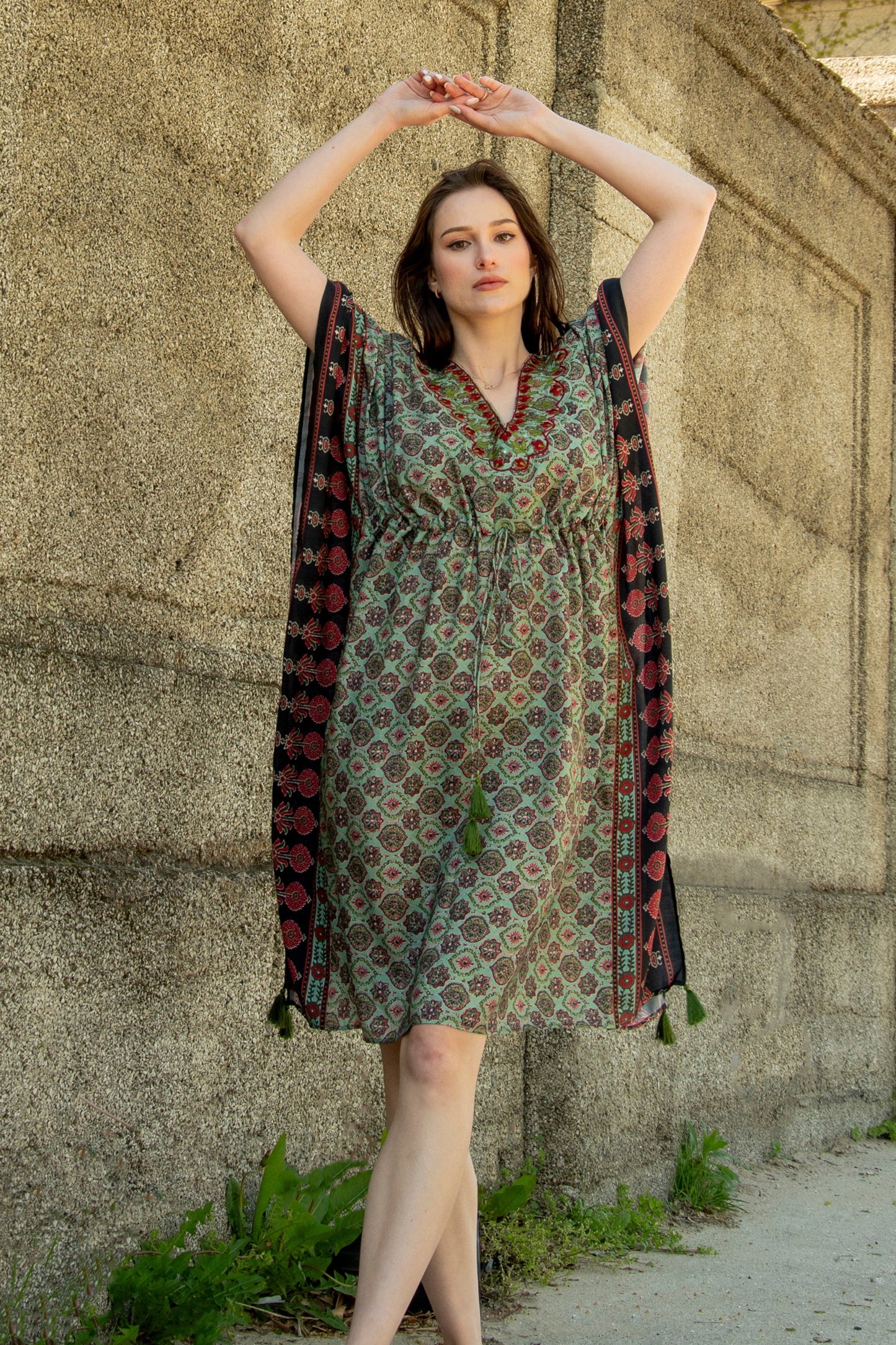 Avena Ajrakh Print Green Kaftan