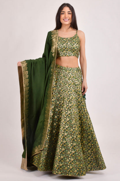 Beryl Green Banarasi Lehenga Choli Set
