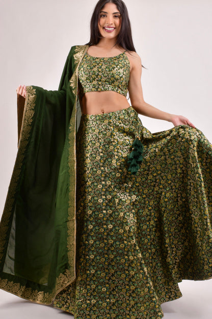 Beryl Green Banarasi Lehenga Choli Set