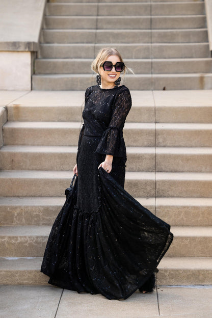 Black Sequin Lace Ruffle Dress