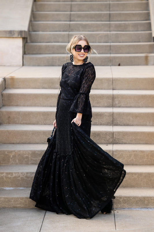 Black Sequin Lace Ruffle Dress