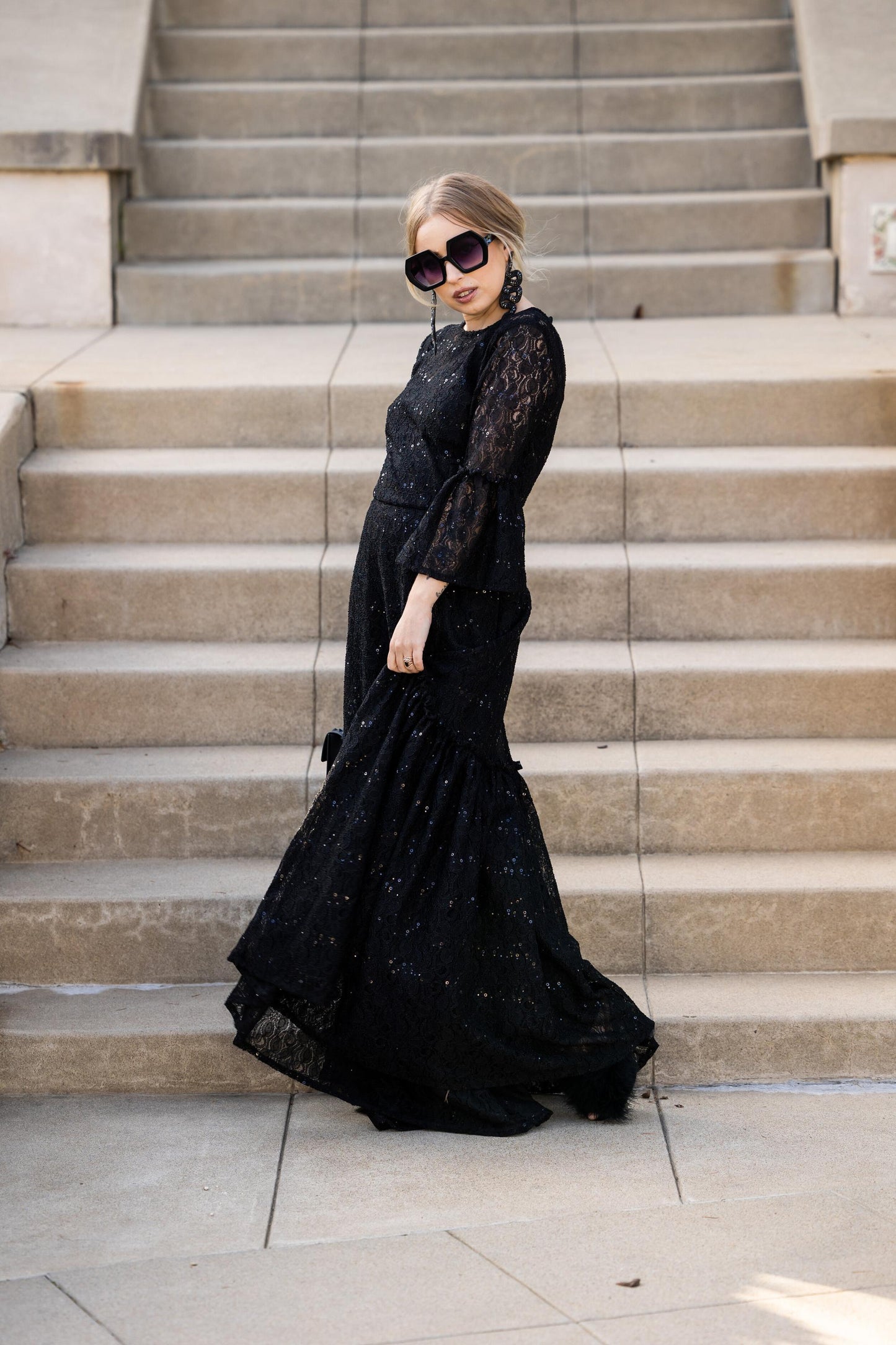 Black Sequin Lace Ruffle Dress