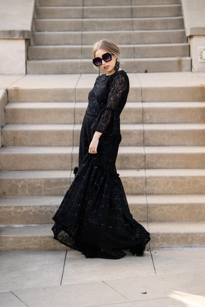 Black Sequin Lace Ruffle Dress