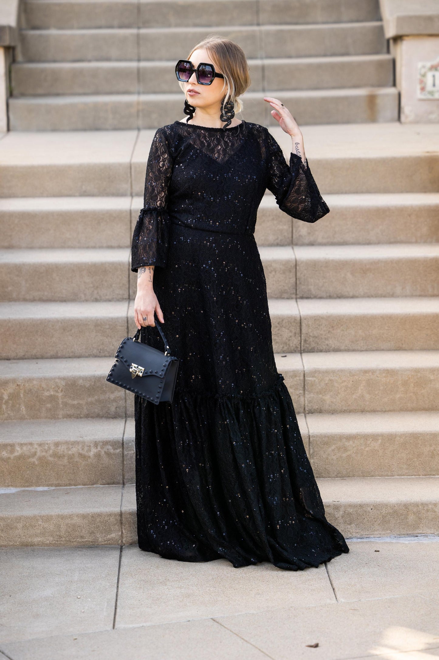 Black Sequin Lace Ruffle Dress
