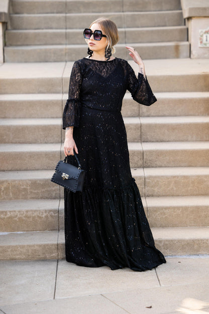 Black Sequin Lace Ruffle Dress