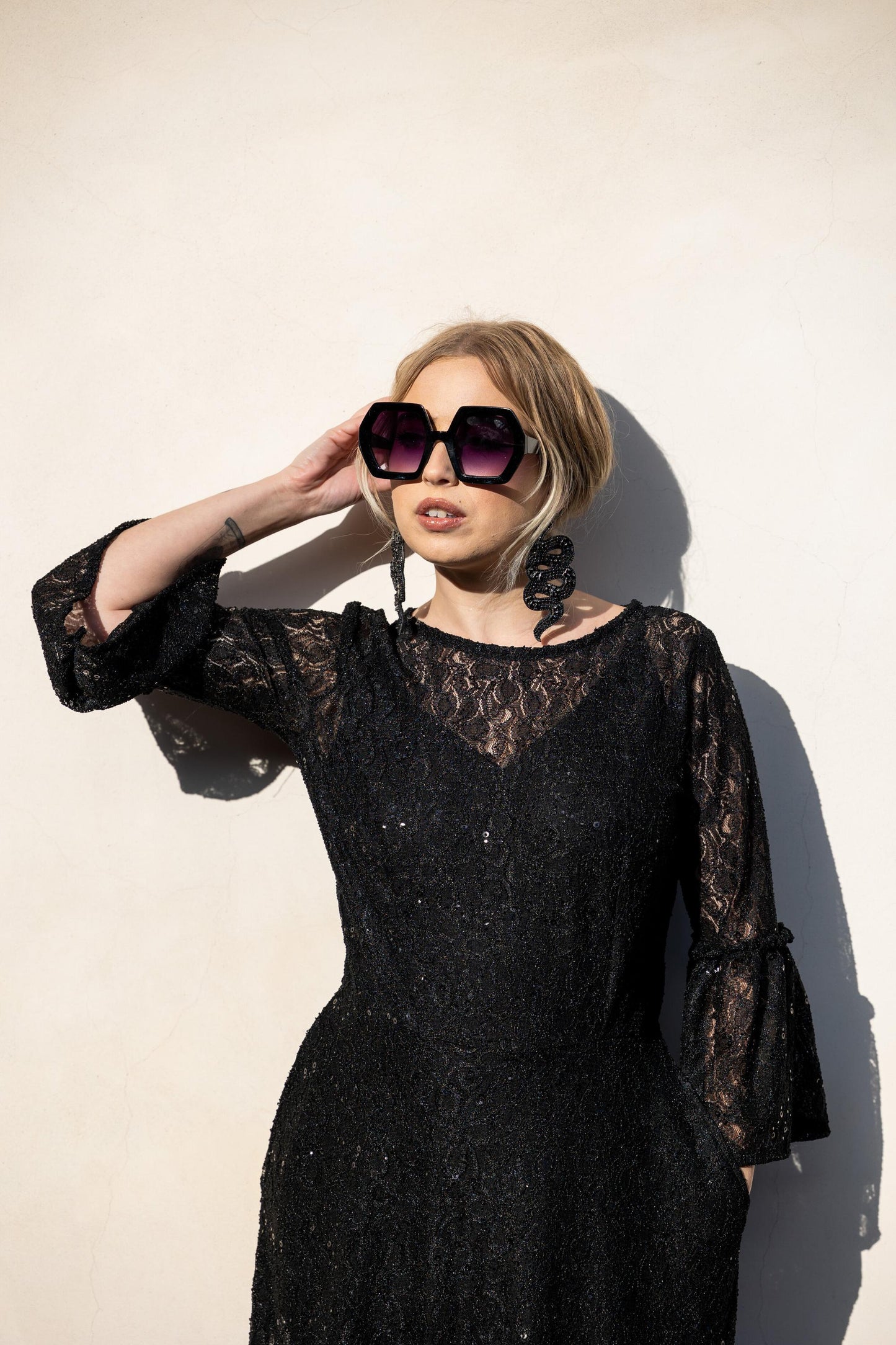 Black Sequin Lace Ruffle Dress