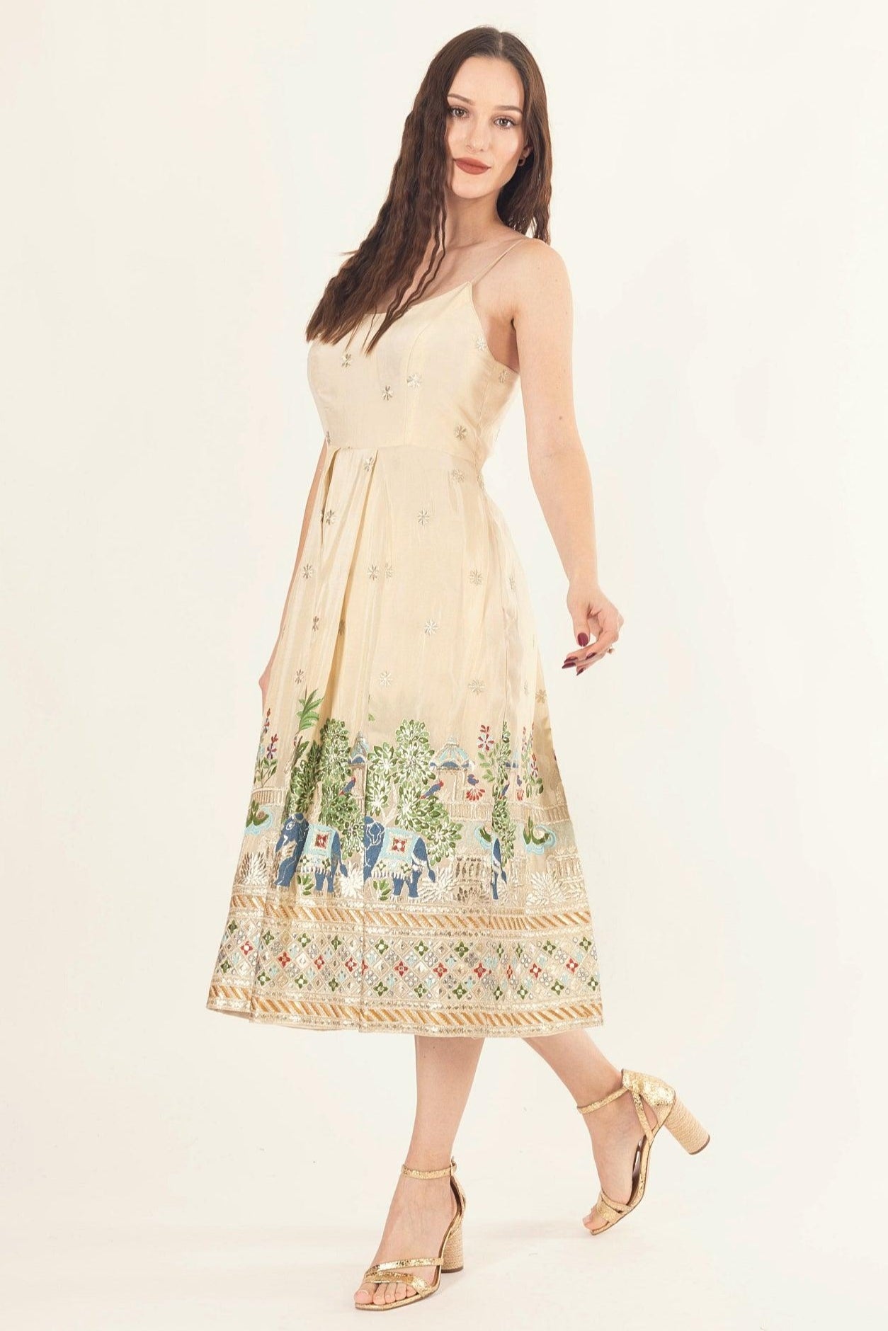 Blanche Beige Midi Dress with Embroidery