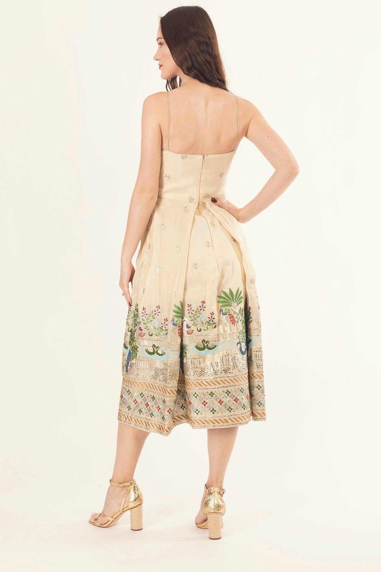 Blanche Beige Midi Dress with Embroidery