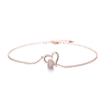 14k Rose Gold and Sterling Silver Heart Anklet with Crystals - The Avenue44