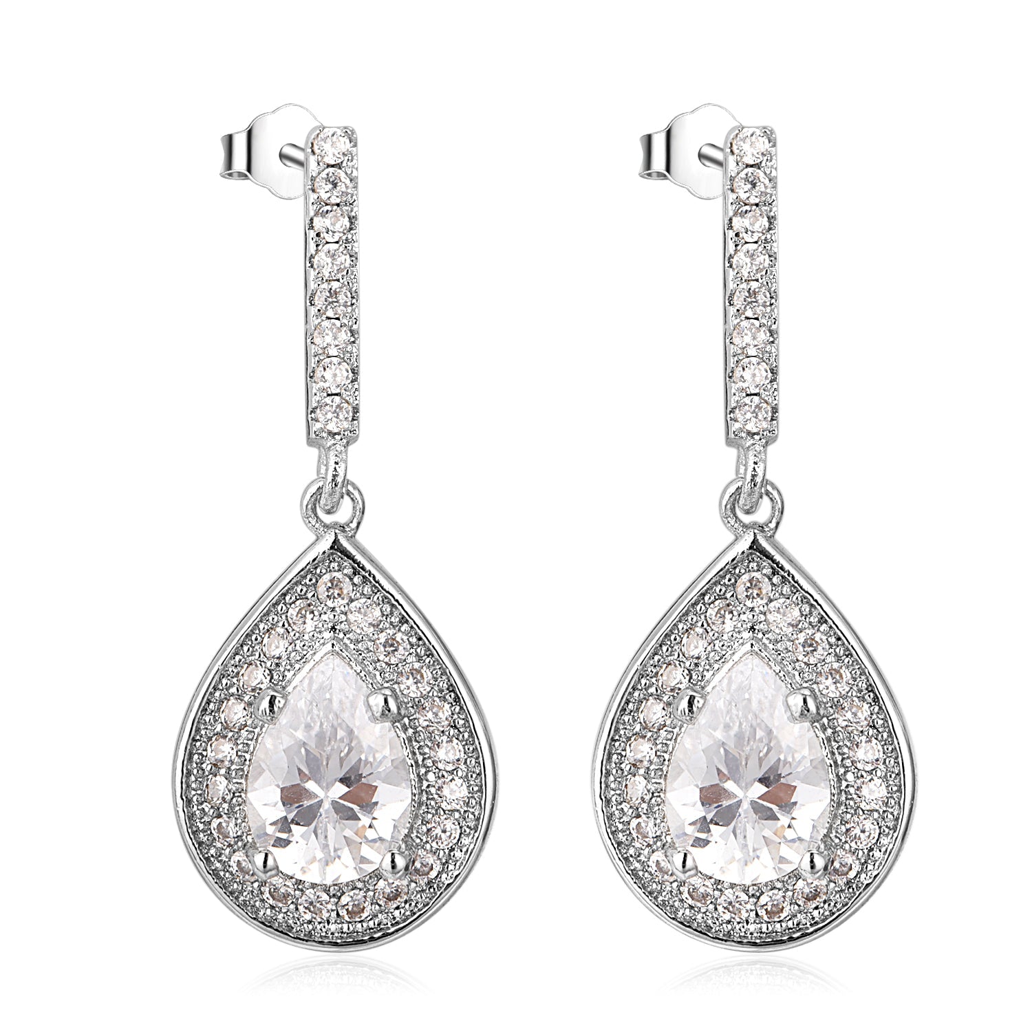 Drop & Dangle Oval Halo Studded Earrings in 14K White Gold - The Avenue44
