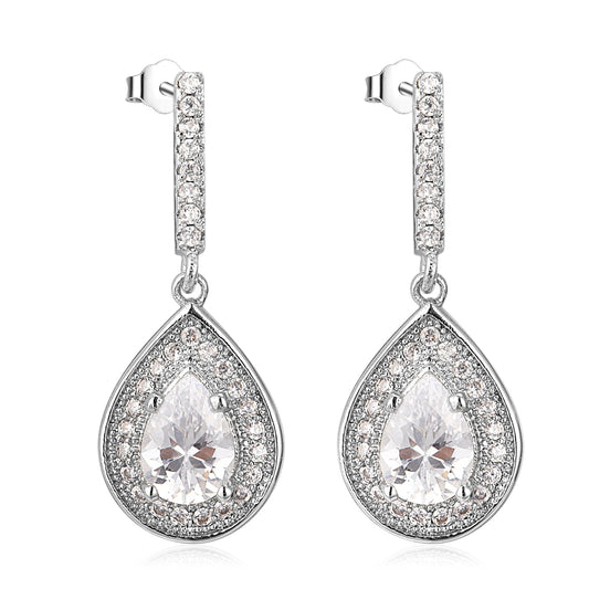 Drop & Dangle Oval Halo Studded Earrings in 14K White Gold - The Avenue44