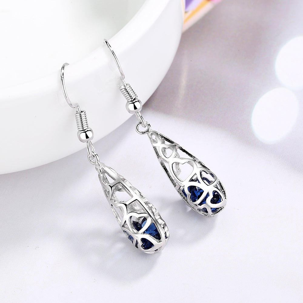 Sterling Silver Floating Sapphire Filigree Heart Drop Earrings - The Avenue44