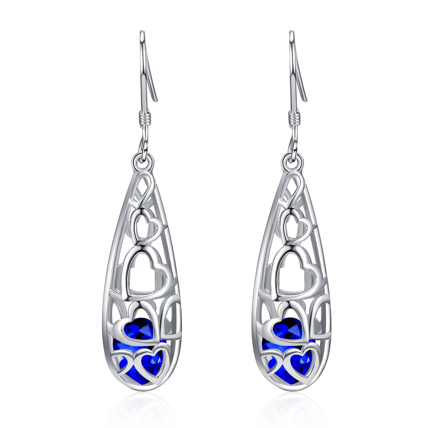 Sterling Silver Floating Sapphire Filigree Heart Drop Earrings - The Avenue44