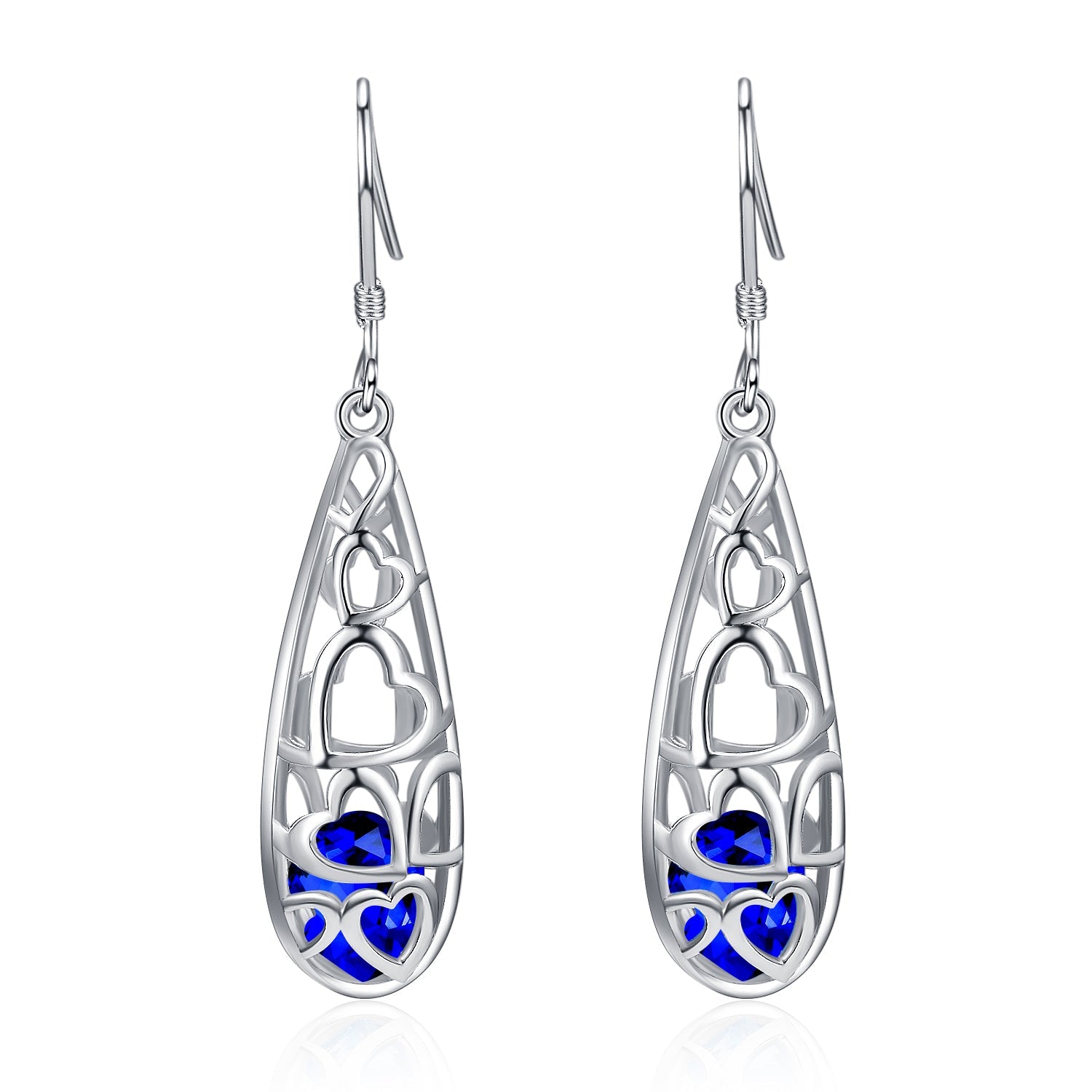 Sterling Silver Floating Sapphire Filigree Heart Drop Earrings - The Avenue44