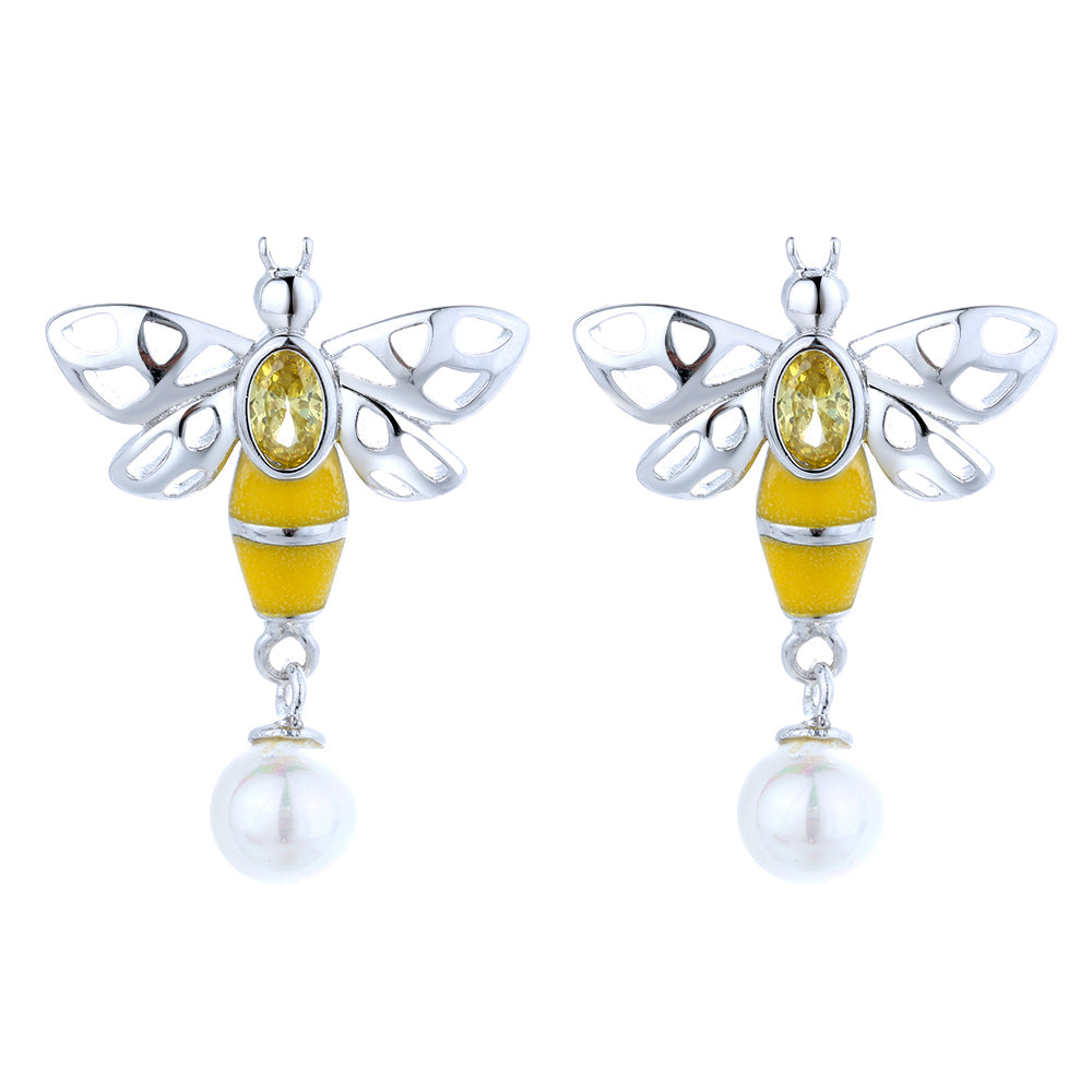 Sterling Silver Bee Earrings With Swarovski Crystals and Pearl - The Avenue44