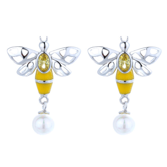 Sterling Silver Bee Earrings With Swarovski Crystals and Pearl - The Avenue44