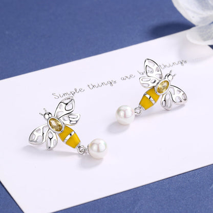 Sterling Silver Bee Earrings With Swarovski Crystals and Pearl - The Avenue44