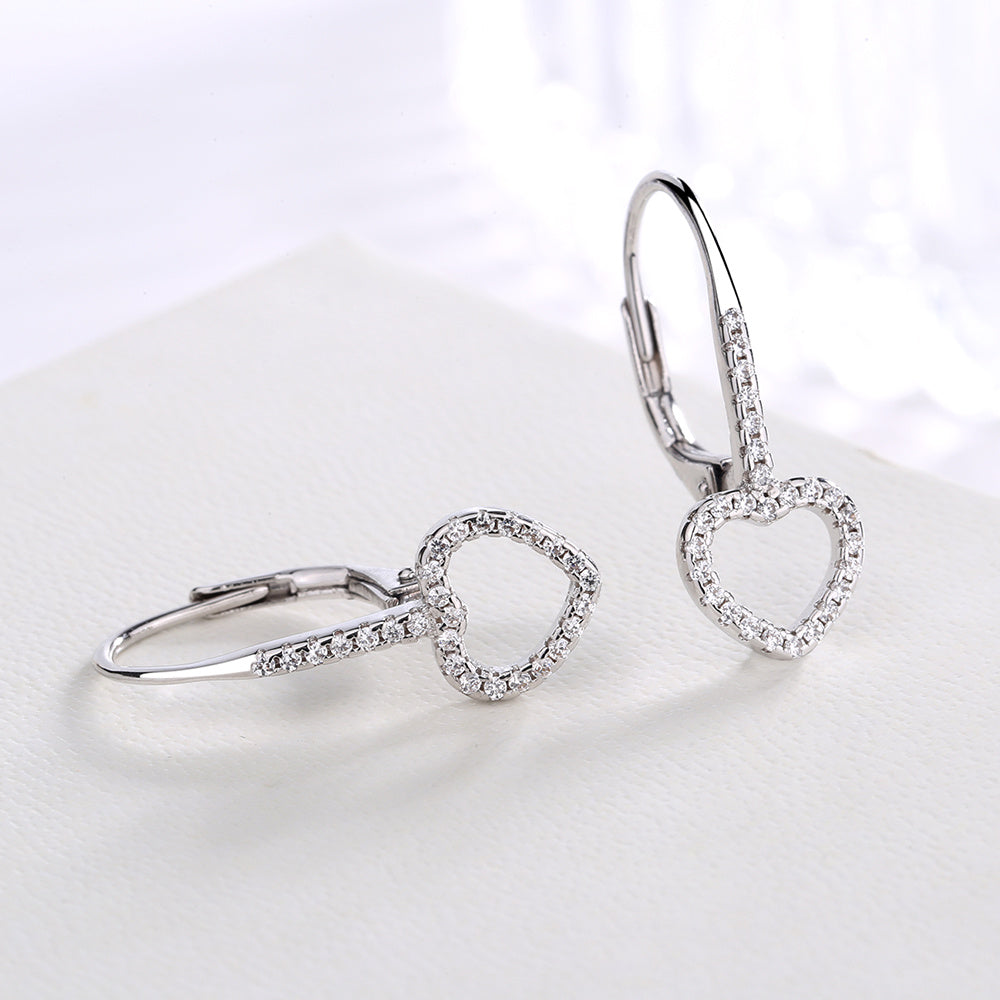 14K White Gold Open Heart Leverbak Earrings with Crystals - The Avenue44