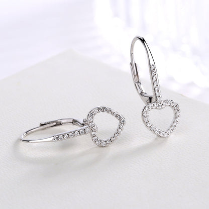 14K White Gold Open Heart Leverbak Earrings with Crystals - The Avenue44