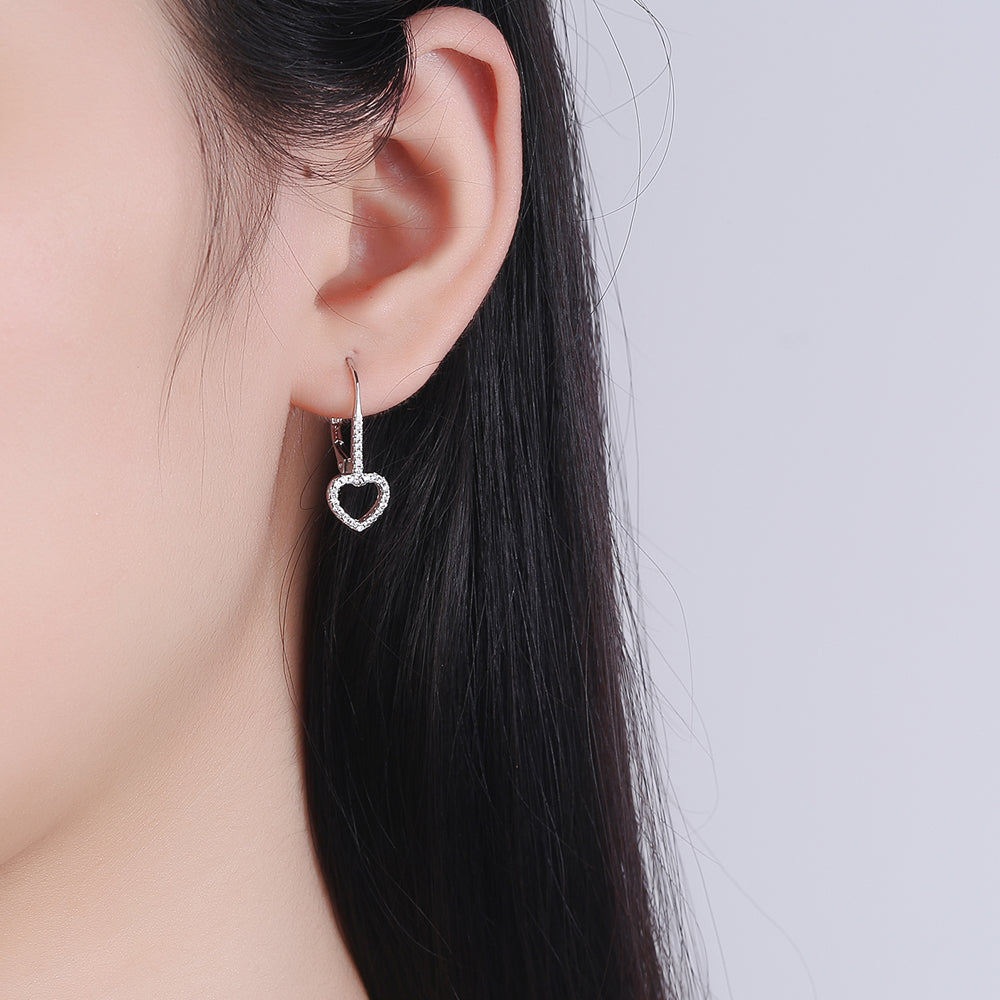 14K White Gold Open Heart Leverbak Earrings with Crystals - The Avenue44