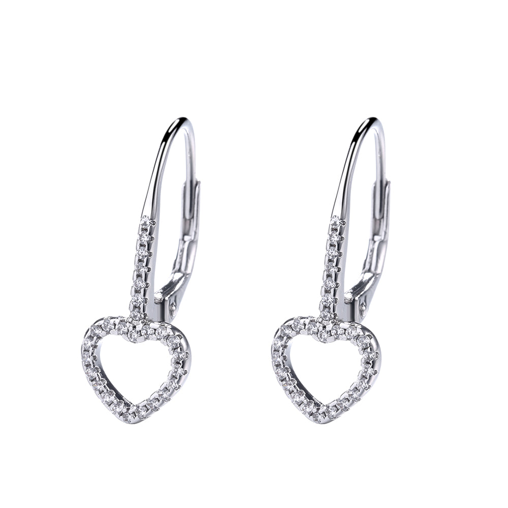 14K White Gold Open Heart Leverbak Earrings with Crystals - The Avenue44