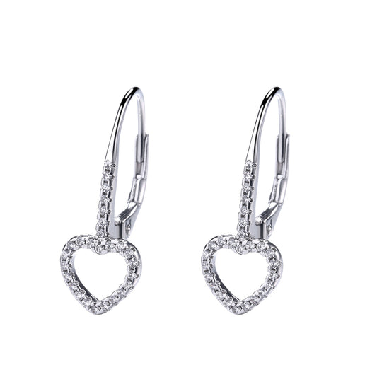 14K White Gold Open Heart Leverbak Earrings with Crystals - The Avenue44