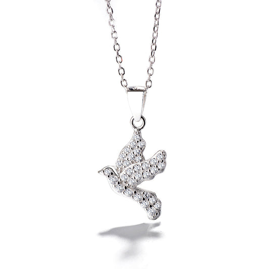 18k White Gold Over Sterling Silver Flying Dove Pendant Necklace - The Avenue44