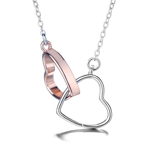 14k Rose Gold and Sterling Silver Double Heart Pendant Necklace - The Avenue44