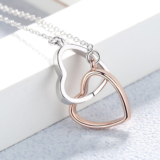 14k Rose Gold and Sterling Silver Double Heart Pendant Necklace - The Avenue44