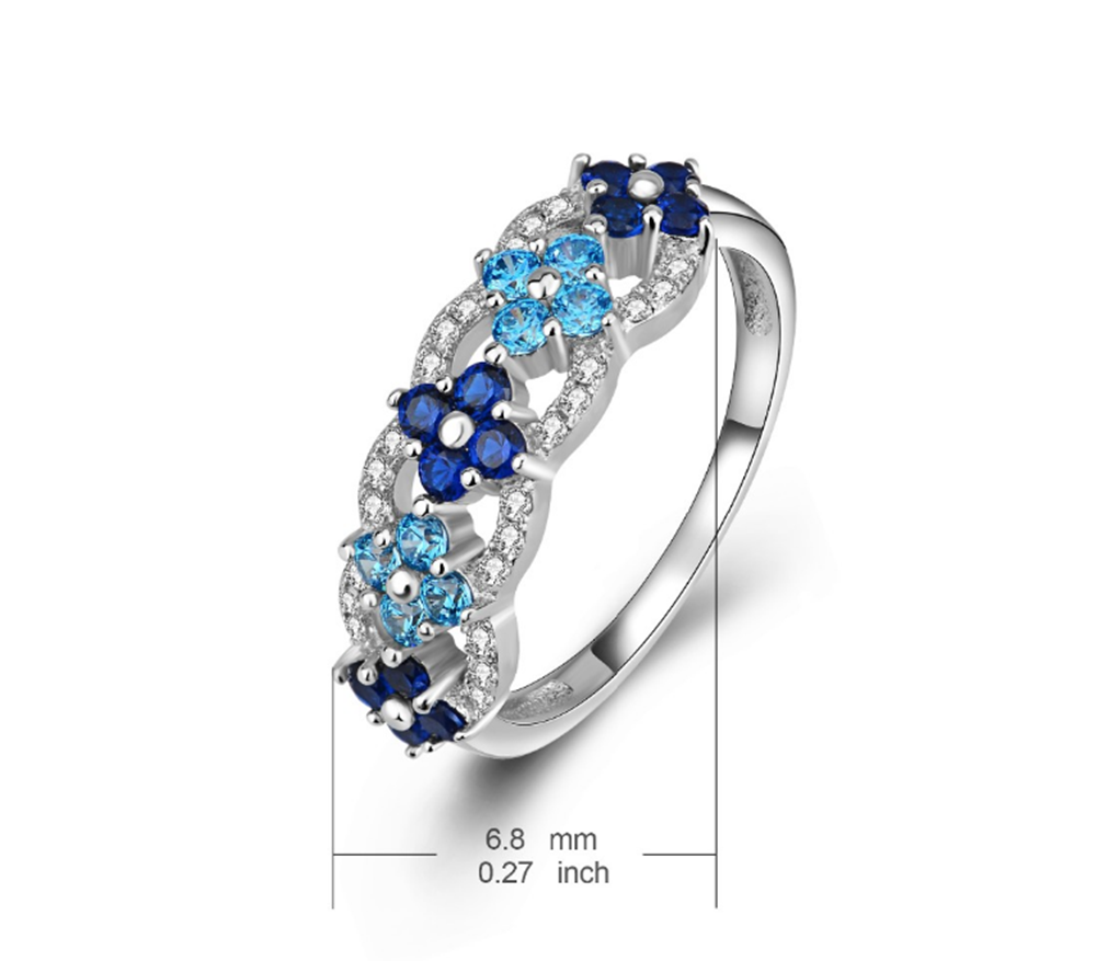 Blue Cubic Zirconia & Rhodium Band-of-Flowers Ring - The Avenue44