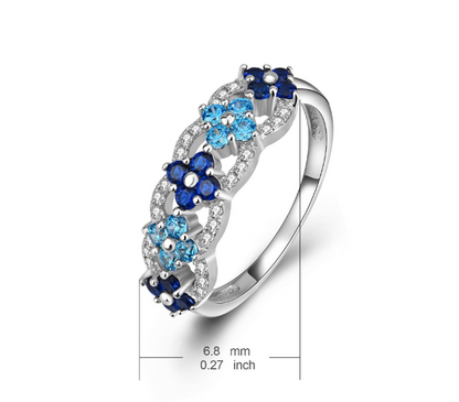 Blue Cubic Zirconia & Rhodium Band-of-Flowers Ring - The Avenue44