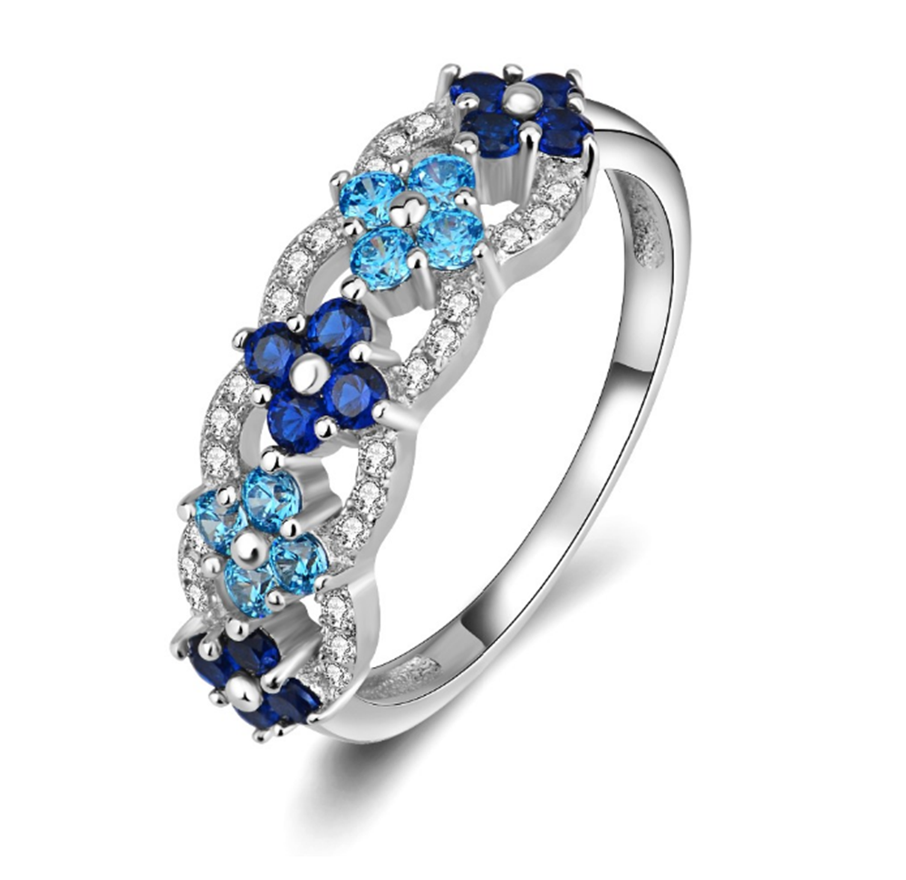 Blue Cubic Zirconia & Rhodium Band-of-Flowers Ring - The Avenue44