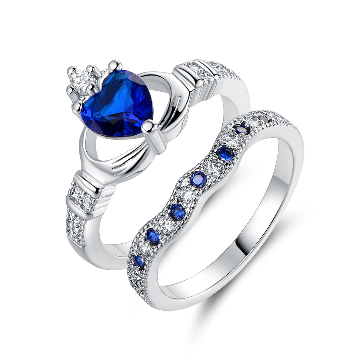 Rhodium Plated Sapphire Claddagh Two-Piece Crown Ring Set - The Avenue44
