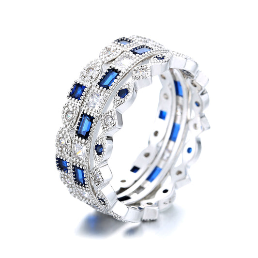 14K White Gold Sapphire French Milligram 3 piece Ring Set - The Avenue44