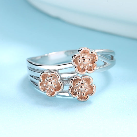 14K Rose Gold and Sterling Silver Multi-Row Floral Ring - The Avenue44