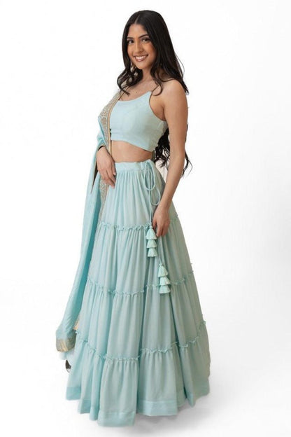 Elvia Sky Blue Shimmer Tiered Lehenga Choli Set with Gold Accents