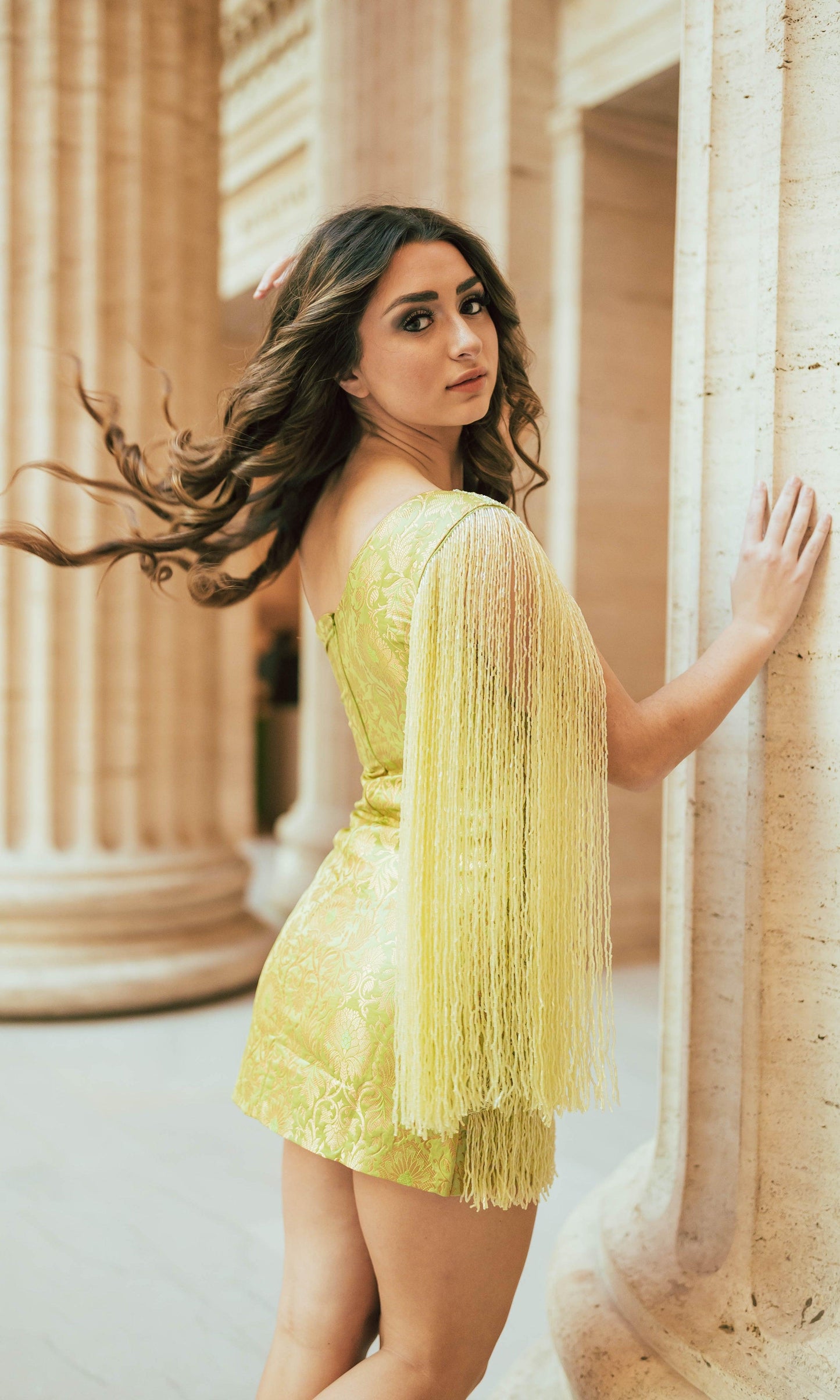 Fayola Green Short Dress with Banarasi Silk