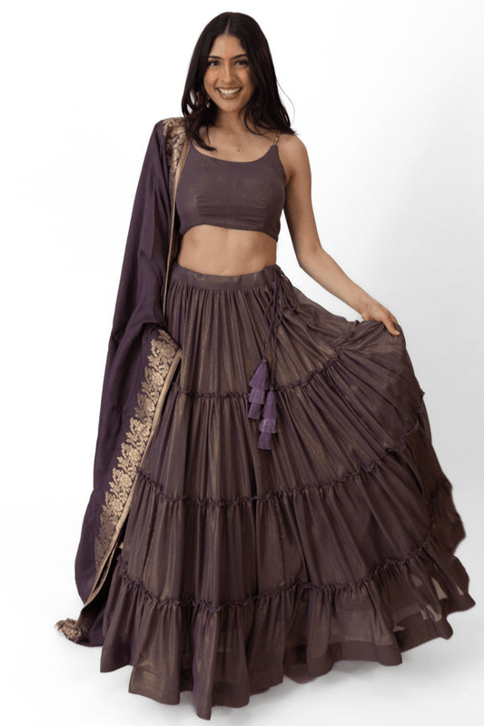 Gaia Shimmer Tiered Lehenga choli Set with Gold Accent