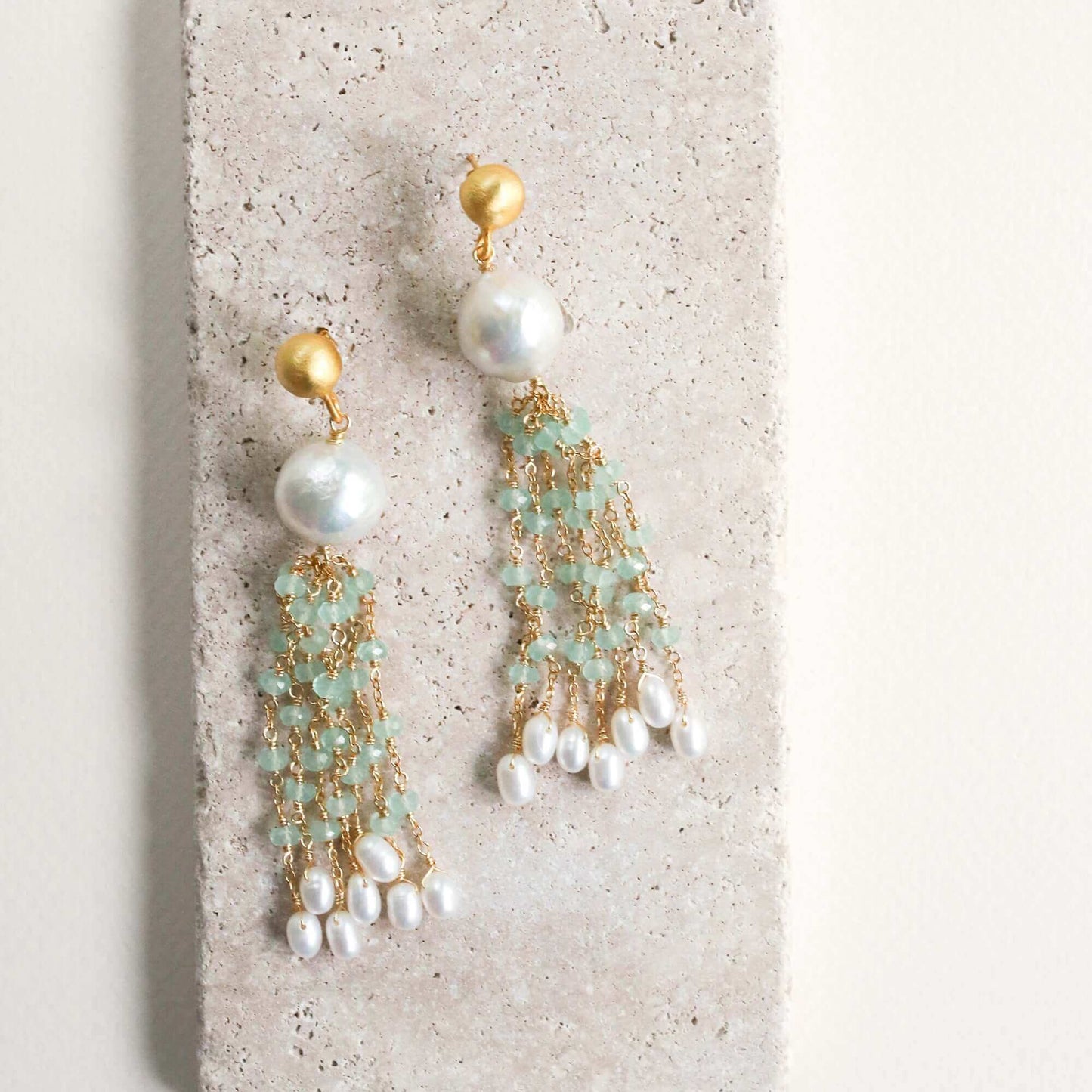 Pearl & Aqua Chalcedony Tassel Earrings