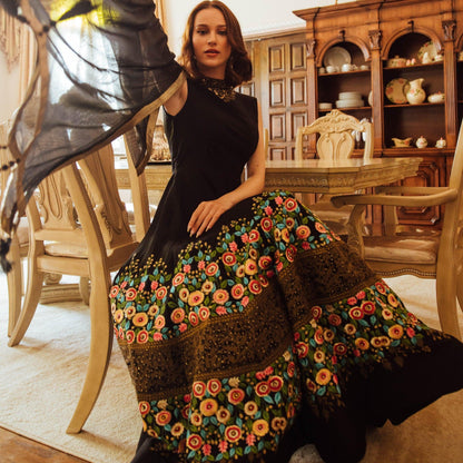 Kaylie Black Gown with Floral Embroidery