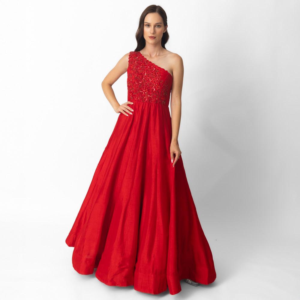Kia Raw Silk Red One Shoulder Gown