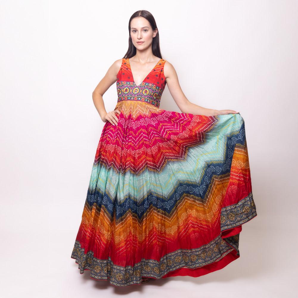 Leandra Long Dress with Bandhani Print